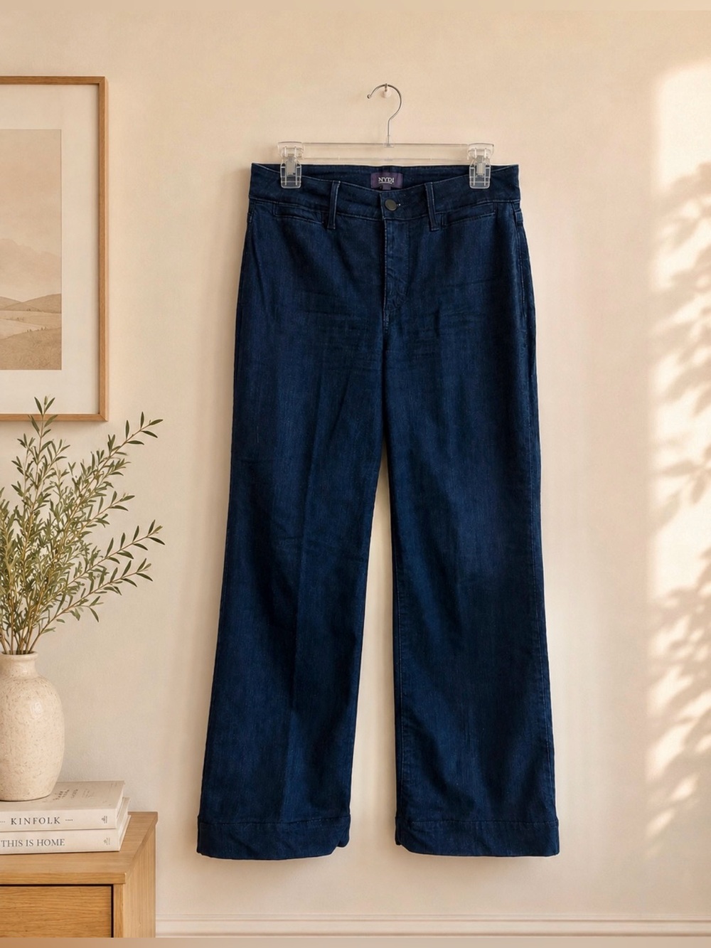 NYDJ Lift Tuck Dark Wash Wide Leg Trouser Jeans Size 6 Cuffed Hem Stretch